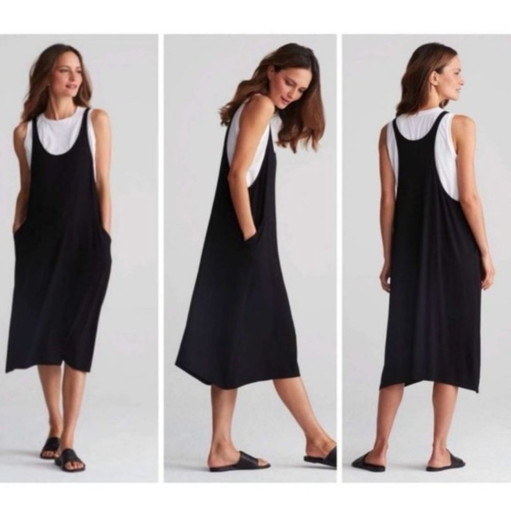 Eileen Fisher Fine Jersey Scoop Neck Midi Dress Oversized $218 Black Size XS